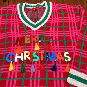 Blizzard Bay Merry Christmas Plaid Tassel Jingle Bell‎ V-Neck Ugly Sweater M